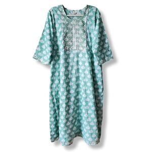 Mint Green White Block Print Cotton Gauze Kurta Dress XL Boho Beach Casual India